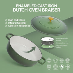 VAV GET Enameled Cast Iron Dutch Oven Braiser. 28cm, 3.79L, Olive Green, Induction & All Hob Compatible, Oven & Grill Safe