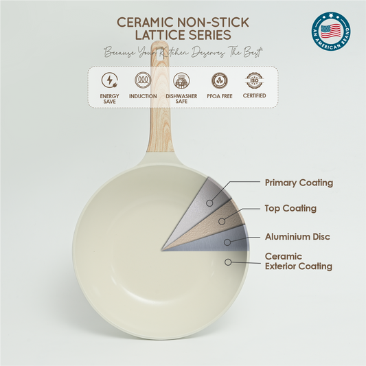 VAV GET Healthy & Safe Ceramic Non-Stick Lattice Series 28 CM Wok With Lid – Induction Compatible, Premium Cream Finish