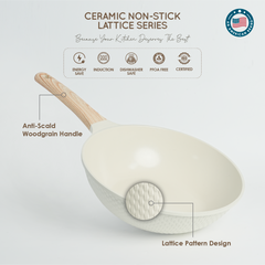 VAV GET Healthy & Safe Ceramic Non-Stick Lattice Series 28 CM Wok With Lid – Induction Compatible, Premium Cream Finish