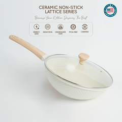 VAV GET Healthy & Safe Ceramic Non-Stick Lattice Series 28 CM Wok With Lid – Induction Compatible, Premium Cream Finish