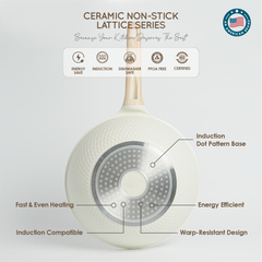 VAV GET Healthy & Safe Ceramic Non-Stick Lattice Series 28 CM Wok With Lid – Induction Compatible, Premium Cream Finish