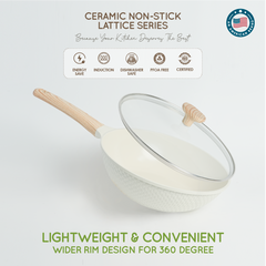 VAV GET Healthy & Safe Ceramic Non-Stick Lattice Series 28 CM Wok With Lid – Induction Compatible, Premium Cream Finish