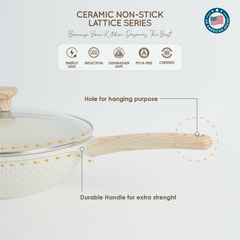 VAV GET Healthy & Safe Ceramic Non-Stick Lattice Series 28 CM Wok With Lid – Induction Compatible, Premium Cream Finish