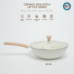 VAV GET Healthy & Safe Ceramic Non-Stick Lattice Series 28 CM Wok With Lid – Induction Compatible, Premium Cream Finish