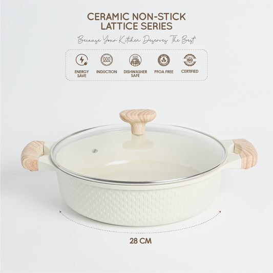 VAV GET 28 CM Shallow Casserole with Lid – Ceramic Non-Stick, Lattice Series, Induction Compatible