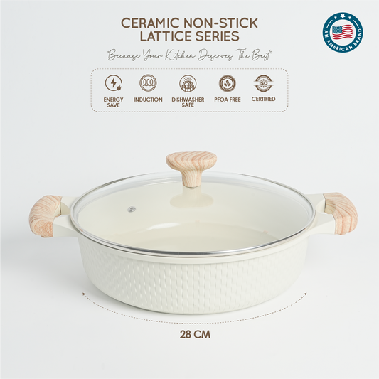 VAV GET 28 CM Shallow Casserole with Lid – Ceramic Non-Stick, Lattice Series, Induction Compatible