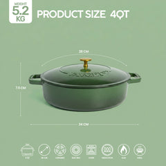 VAV GET Enameled Cast Iron Dutch Oven Braiser. 28cm, 3.79L, Olive Green, Induction & All Hob Compatible, Oven & Grill Safe