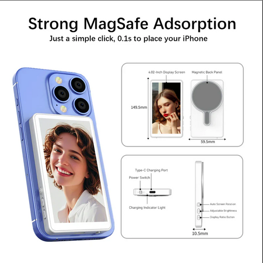 Magnetic Phone Vlog Selfie Monitor Screen – Wireless Rear Camera View for Vlogging & Live Streaming (White)