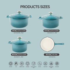 VAV GET Healthy and Safe Non-Stick Enameled Cast Iron 7-Piece Dutch Oven Cookware Set with Gloves and 2-Piece Mills. Includes: 24cm Dutch Oven Fry Pan, 18cm, 21cm, and 24cm Dutch Ovens with Lids, Gloves, and 2-Piece Mills.
