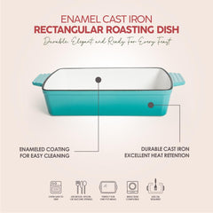 VAV GET Healthy & Safe Enamel Cast Iron Rectangular Roasting Dish, (12-Inch, Teal) Oven & Induction Compatible, Easy-Clean Non-Stick Interior