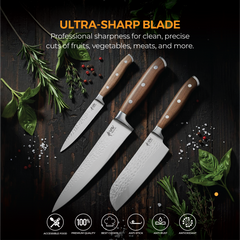 VAV GET PREMIUM 3-Piece Knives Set. Set includes: 8-inch Chef, 5-inch Santoku & Utility Knives. Comfortable Walnut Wood Handle and Professional Hammered Stainless Steel with Long-Lasting Sharpness.