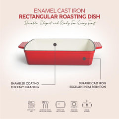 VAV GET Healthy & Safe Enamel Cast Iron Rectangular Roasting Dish, (12-Inch, Red) Oven & Induction Compatible, Easy-Clean Non-Stick Interior
