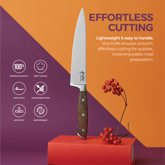 VAV GET Premium 8-inch Chef's Knife. Comfortable Walnut Wood Handle and Professional Stainless Steel with Long-Lasting Sharpness.