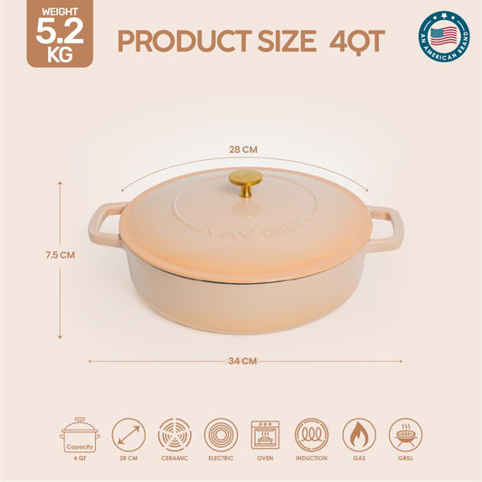 VAV GET Enameled Cast Iron Dutch Oven Braiser. 28cm, 3.79L, Peach, Induction & All Hob Compatible, Oven & Grill Safe