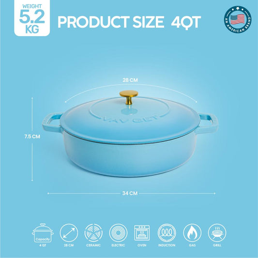 VAV GET Enameled Cast Iron Dutch Oven Braiser. 28cm, 3.79L, Ocean Blue, Induction & All Hob Compatible, Oven & Grill Safe