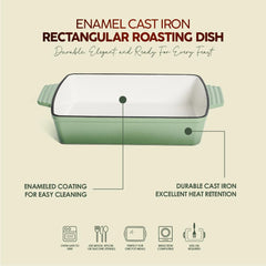 VAV GET Healthy & Safe Enamel Cast Iron Rectangular Roasting Dish, (12-Inch, Green) Oven & Induction Compatible, Easy-Clean Non-Stick Interior