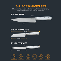 VAV GET Premium 3-Piece Knives Set. Set includes: 8-inch Chef, 5-inch Santoku & Utility Knives. Comfortable White Handle and Professional Stainless Steel with Long-Lasting Sharpness.