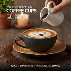 VAV GET 12-Piece Creative Porcelain Coffee Cups (200 ml - 6.7 Oz) & Saucers Set For 6 people
