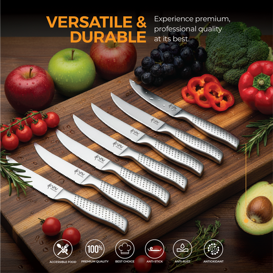 VAV GET Premium 6-Piece Steak Knives Set. Set includes: 6-Pieces of 4.5-inch Steak Knives. Comfortable and Pleasing Handle and Professional Serrated Stainless Steel with Long-Lasting Sharpness.