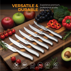 VAV GET Premium 6-Piece Steak Knives Set. Set includes: 6-Pieces of 4.5-inch Steak Knives. Comfortable and Pleasing Handle and Professional Serrated Stainless Steel with Long-Lasting Sharpness.