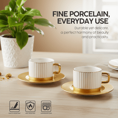 VAV GET Porcelain 16-Pieces Coffee and Tea Cups Set. 6 Cups (90 cc = 90 ml) & 6 Saucers Set + 1 Tray + 1 Coffee Pot (600cc)+ 1 Sugar Pot (200cc) + 1 Creamer (200cc) for 6 people.