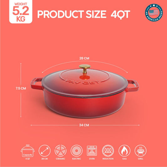 VAV GET Enameled Cast Iron Dutch Oven Braiser. 28cm, 3.79L, Cherry Red, Induction & All Hob Compatible, Oven & Grill Safe