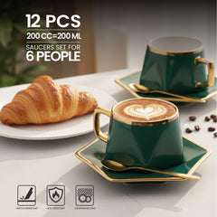 VAV GET 12-Piece Porcelain Coffee Cups (200 cc = 200 ml) & Saucers Set For 6 people