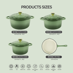 VAV GET Healthy and Safe Non-Stick Enameled Cast Iron 7-Piece Dutch Oven Cookware Set with Gloves and 2-Piece Mills. Includes: 24cm Dutch Oven Fry Pan, 18cm, 21cm, and 24cm Dutch Ovens with Lids, Gloves, and 2-Piece Mills.