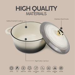 VAV GET Healthy and Safe Non-Stick Enameled Cast Iron 7-Piece Dutch Oven Cookware Set with Gloves and 2-Piece Mills. Includes: 24cm Dutch Oven Fry Pan, 18cm, 21cm, and 24cm Dutch Ovens with Lids, Gloves, and 2-Piece Mills.