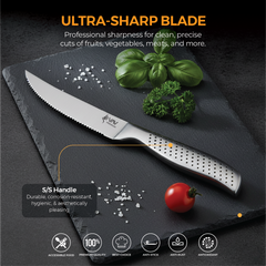 VAV GET Premium 6-Piece Steak Knives Set. Set includes: 6-Pieces of 4.5-inch Steak Knives. Comfortable and Pleasing Handle and Professional Serrated Stainless Steel with Long-Lasting Sharpness.