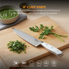 VAV GET Premium 3-Piece Knives Set. Set includes: 8-inch Chef, 5-inch Santoku & Utility Knives. Comfortable White Handle and Professional Stainless Steel with Long-Lasting Sharpness.