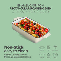 VAV GET Healthy & Safe Enamel Cast Iron Rectangular Roasting Dish, (12-Inch, Cream) Oven & Induction Compatible, Easy-Clean Non-Stick Interior