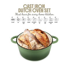 VAV GET Healthy and Safe, Non-Stick Enameled 7-PCS SET of Cast Iron Dutch Oven Cookwares. Set includes: 24cm Dutch Oven Fry Pan, 18cm, 21cm, 24cm Dutch Oven Cookwares with Lids and Gloves.