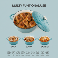 VAV GET Healthy and Safe Non-Stick Enameled Cast Iron 7-Piece Dutch Oven Cookware Set with Gloves and 2-Piece Mills. Includes: 24cm Dutch Oven Fry Pan, 18cm, 21cm, and 24cm Dutch Ovens with Lids, Gloves, and 2-Piece Mills.