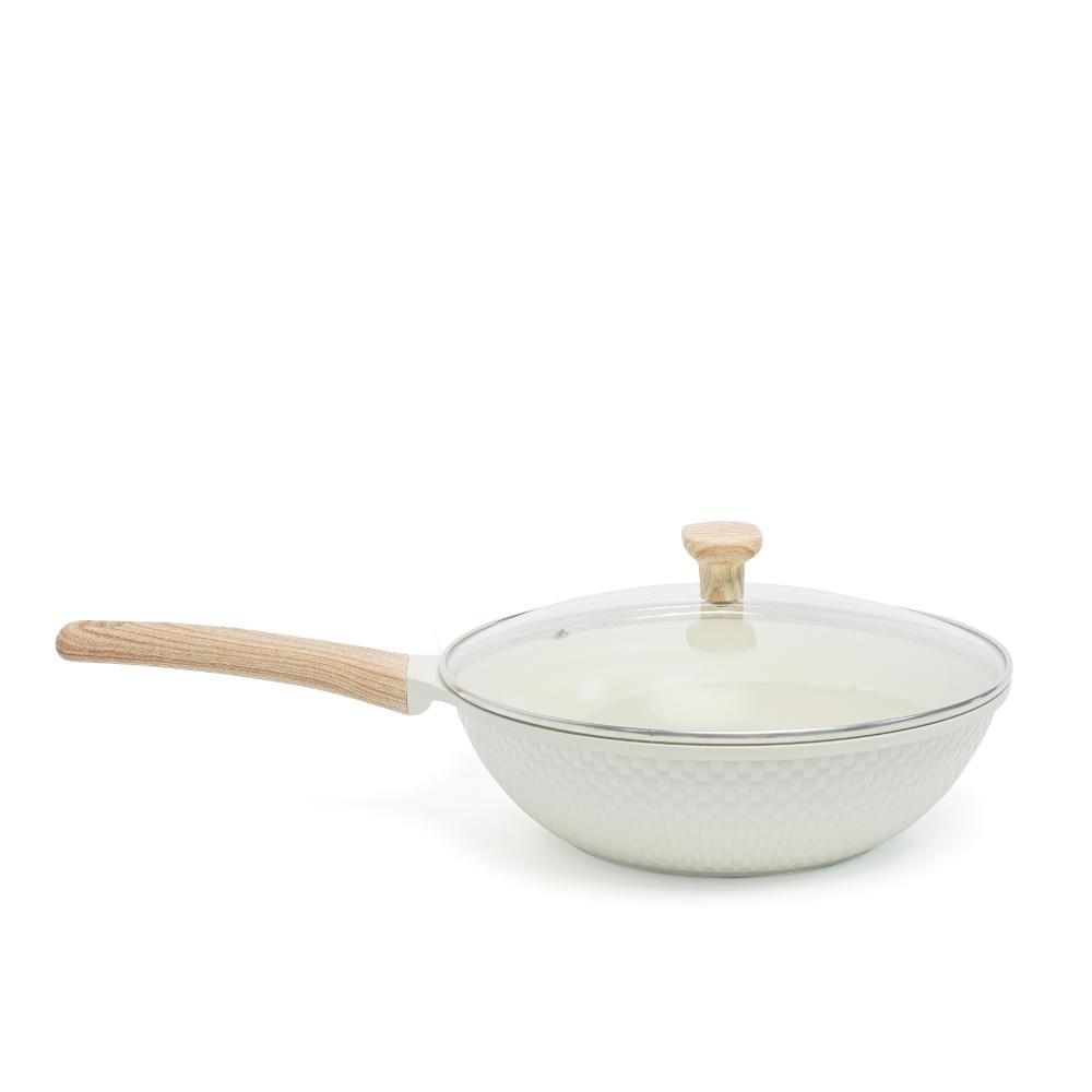 VAV GET Healthy & Safe Ceramic Non-Stick Lattice Series 28 CM Wok With Lid – Induction Compatible, Premium Cream Finish
