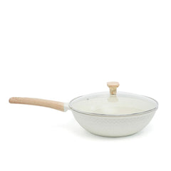 VAV GET Healthy & Safe Ceramic Non-Stick Lattice Series 28 CM Wok With Lid – Induction Compatible, Premium Cream Finish