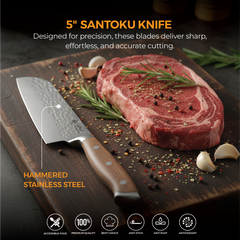 VAV GET PREMIUM 3-Piece Knives Set. Set includes: 8-inch Chef, 5-inch Santoku & Utility Knives. Comfortable Walnut Wood Handle and Professional Hammered Stainless Steel with Long-Lasting Sharpness.