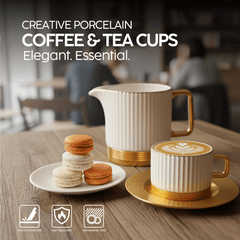 VAV GET Porcelain 16-Pieces Coffee and Tea Cups Set. 6 Cups (90 cc = 90 ml) & 6 Saucers Set + 1 Tray + 1 Coffee Pot (600cc)+ 1 Sugar Pot (200cc) + 1 Creamer (200cc) for 6 people.