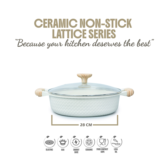 VAV GET 28 CM Shallow Casserole with Lid – Ceramic Non-Stick, Lattice Series, Induction Compatible