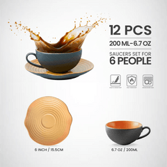 VAV GET 12-Piece Creative Porcelain Coffee Cups (200 ml - 6.7 Oz) & Saucers Set For 6 people