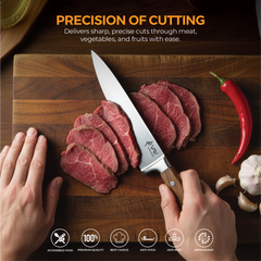 VAV GET Premium 8-inch Chef's Knife. Comfortable Walnut Wood Handle and Professional Stainless Steel with Long-Lasting Sharpness.
