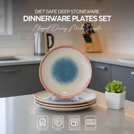 VAV GET 4-Piece Diet Safe Deep Stoneware Feature Dinnerware Plates Set. Service for 4 includes: 4-pieces 21cm / 8.5inch Dinner Plates.