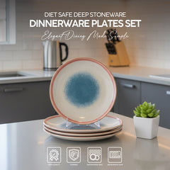 VAV GET 4-Piece Diet Safe Deep Stoneware Feature Dinnerware Plates Set. Service for 4 includes: 4-pieces 21cm / 8.5inch Dinner Plates.