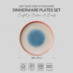 VAV GET 4-Piece Diet Safe Deep Stoneware Feature Dinnerware Plates Set. Service for 4 includes: 4-pieces 21cm / 8.5inch Dinner Plates.