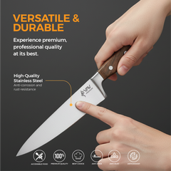 VAV GET Premium 8-inch Chef's Knife. Comfortable Walnut Wood Handle and Professional Stainless Steel with Long-Lasting Sharpness.