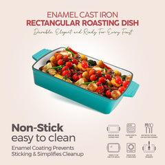 VAV GET Healthy & Safe Enamel Cast Iron Rectangular Roasting Dish, (12-Inch, Teal) Oven & Induction Compatible, Easy-Clean Non-Stick Interior