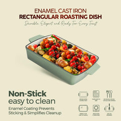 VAV GET Healthy & Safe Enamel Cast Iron Rectangular Roasting Dish, (12-Inch, Green) Oven & Induction Compatible, Easy-Clean Non-Stick Interior