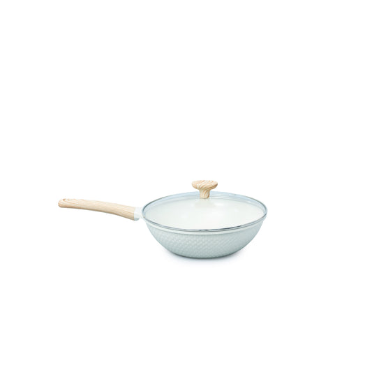 VAV GET Ceramic Non-Stick Lattice Series 28 CM Wok With Lid – Induction Compatible, Premium Cream Finish