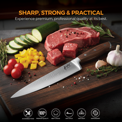 VAV GET PREMIUM 3-Piece Knives Set. Set includes: 8-inch Chef, 5-inch Santoku & Utility Knives. Comfortable Walnut Wood Handle and Professional Hammered Stainless Steel with Long-Lasting Sharpness.
