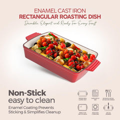 VAV GET Healthy & Safe Enamel Cast Iron Rectangular Roasting Dish, (12-Inch, Red) Oven & Induction Compatible, Easy-Clean Non-Stick Interior